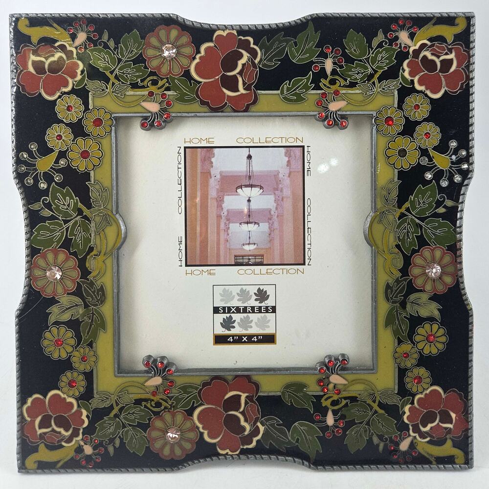 Art Deco Nouveau inspired floral jeweled enamel photo picture frame by Sixtrees